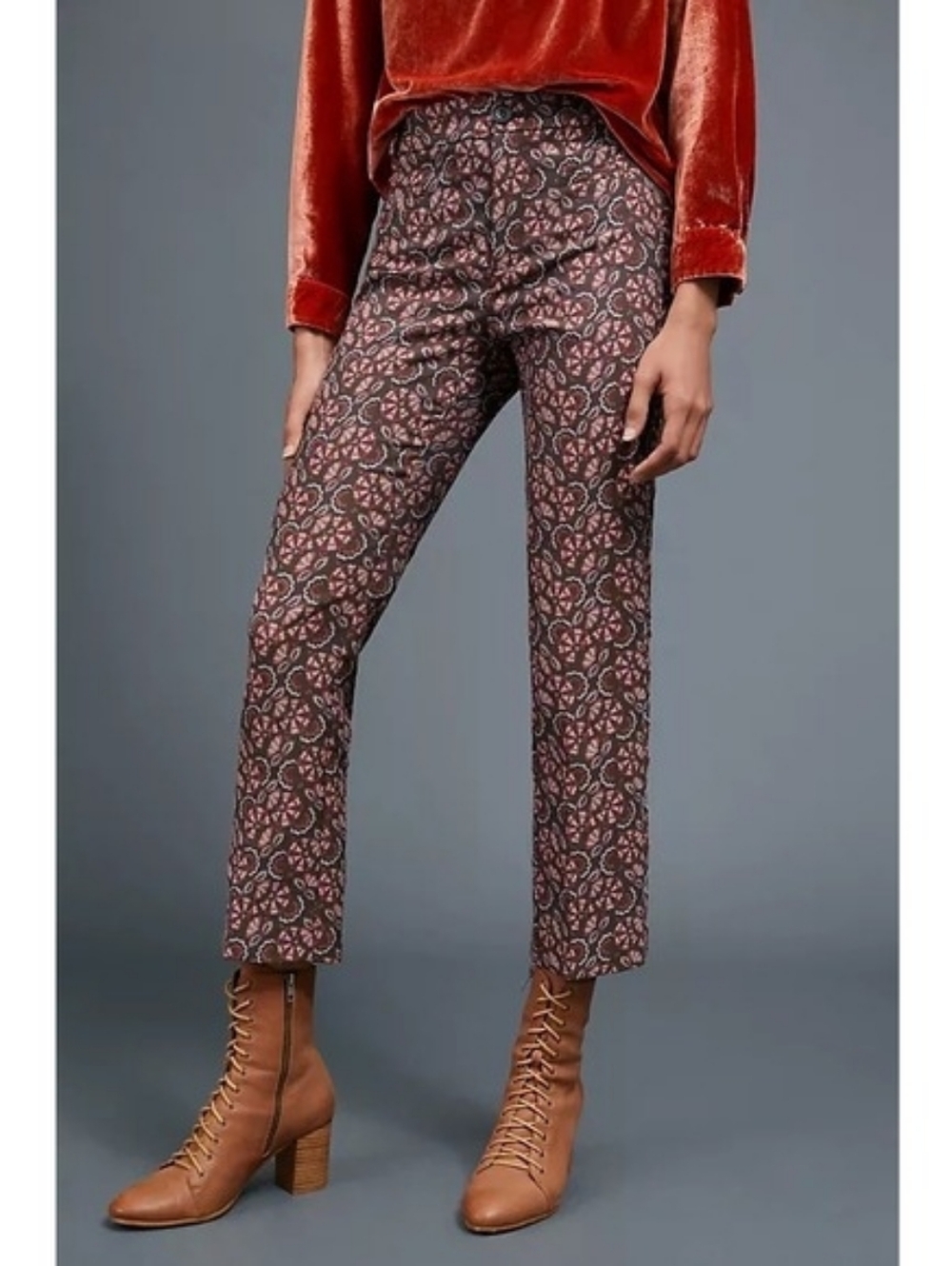 Anthropologie The Essential Slim Brown Floral Jacquard Ankle Length Pant Size 2